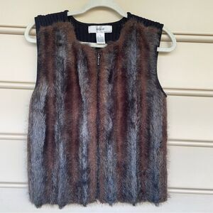 Vintage Faux Fur Knit Vest by Kikit Maurice Sasson Brown & Gray Striped Size S